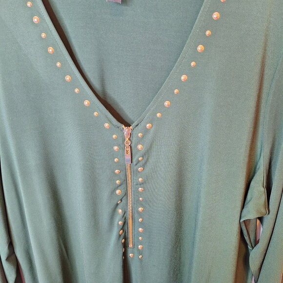 Premise Womens Tunic Top Size 1X Green Long Sleeve Studded‎ Zipper Front Stretch - Picture 4 of 13